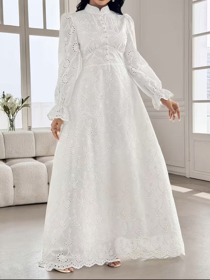French Embroidered Puff Sleeve Dress – Elegant Ruffle Stand Collar Style