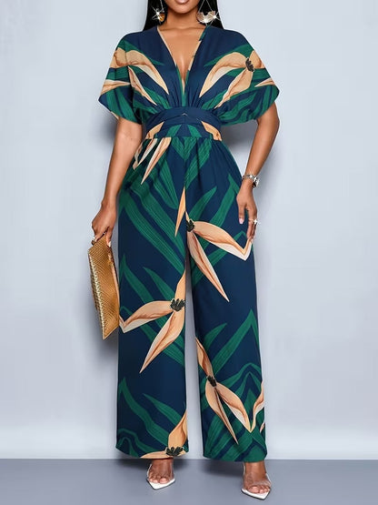 Modern Contrast Print V-Neck Jumpsuit with Elastic Waist & Belt