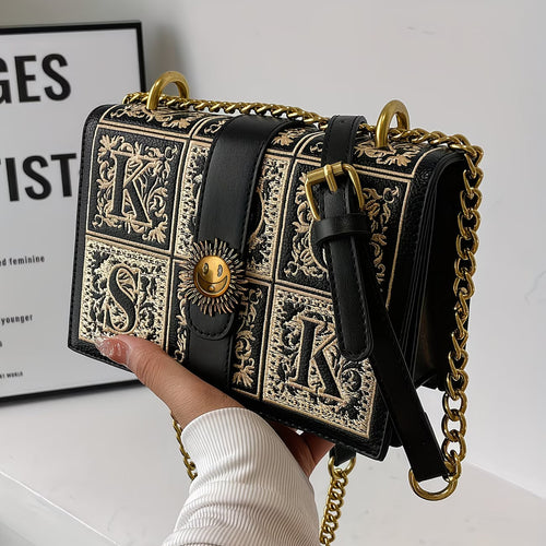 LABOONOO Women’s Chain Crossbody Bag – Geometric Embroidery, Buckle Detail, Small Square Commuter Purse