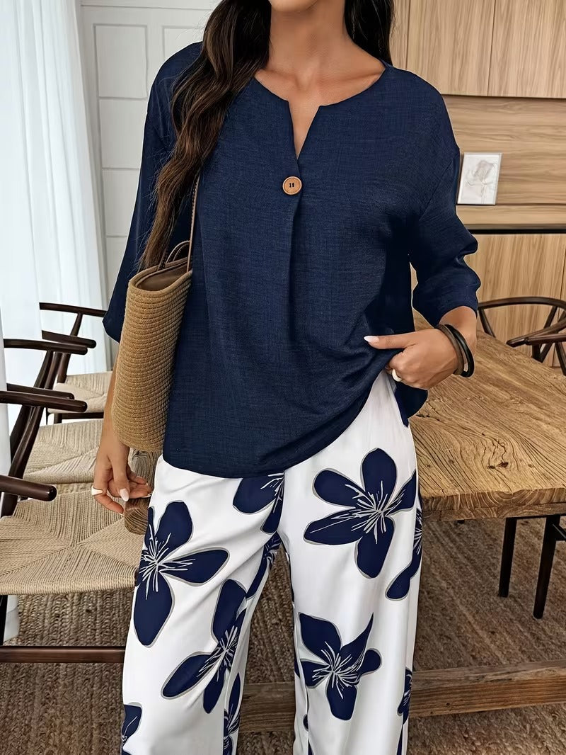 Graceful Tie-Neck Ruffle Top & Printed Pocket Trousers Set