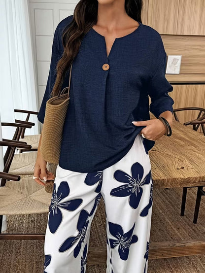 Graceful Tie-Neck Ruffle Top & Printed Pocket Trousers Set
