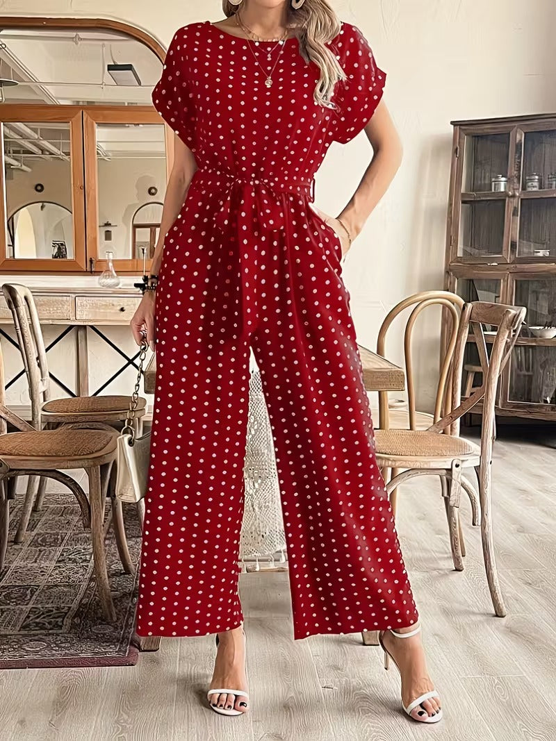 Modern Contrast Print V-Neck Jumpsuit with Elastic Waist & Belt