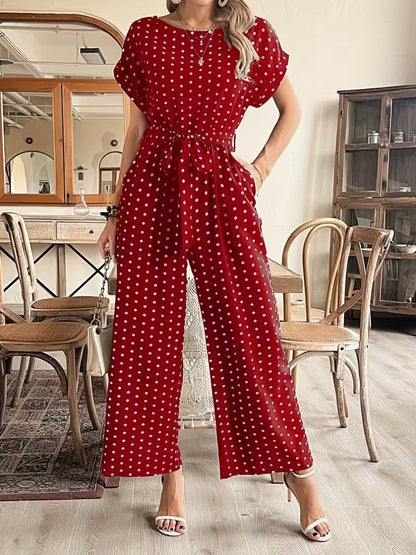 Modern Contrast Print V-Neck Jumpsuit with Elastic Waist & Belt