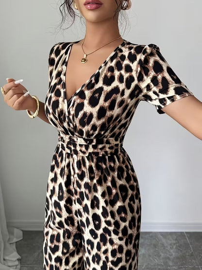 Modern Contrast Print V-Neck Jumpsuit with Elastic Waist & Belt