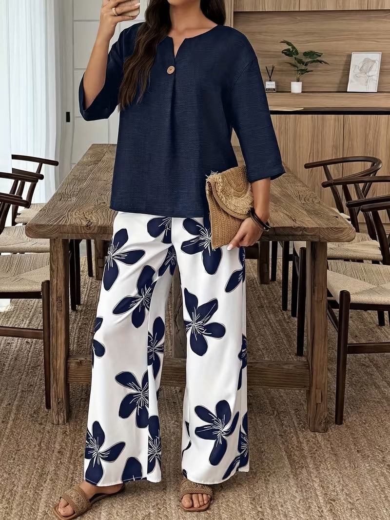 Graceful Tie-Neck Ruffle Top & Printed Pocket Trousers Set