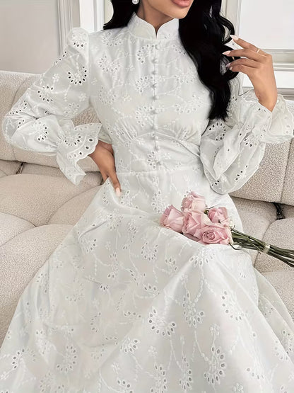 French Embroidered Puff Sleeve Dress – Elegant Ruffle Stand Collar Style
