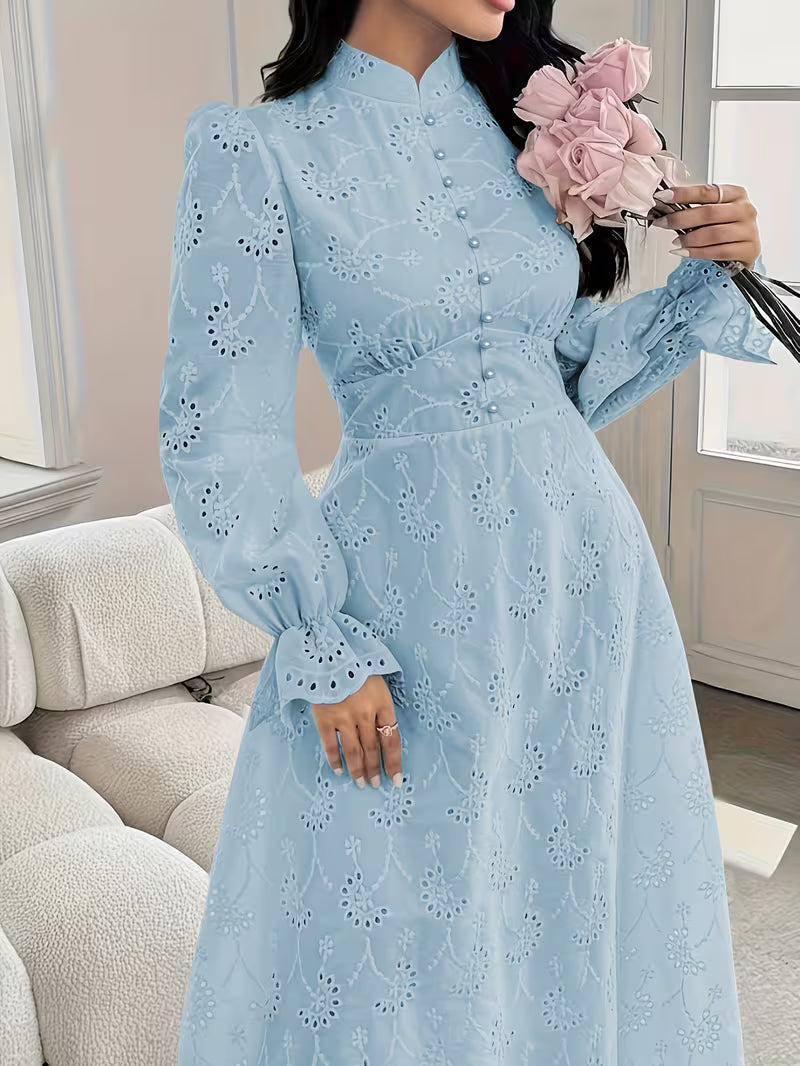 French Embroidered Puff Sleeve Dress – Elegant Ruffle Stand Collar Style