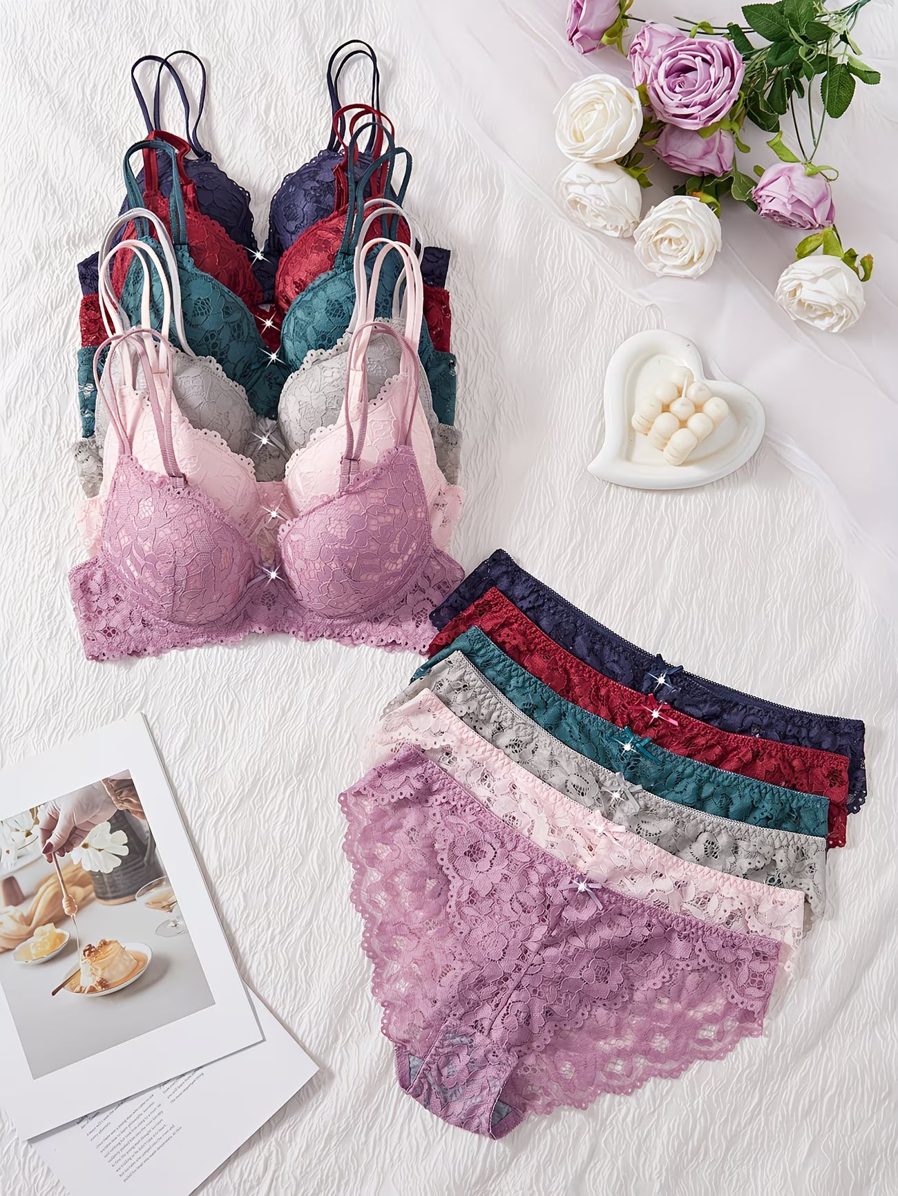 Pack of 6  Women’s Floral Lace Bra & Panty Set  Comfortable & Sexy Lingerie