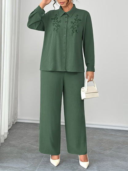 Plus Size Embroidered Oversized Co-Ord Set – Collared Shirt & Elastic Waist Straight-Leg Pants