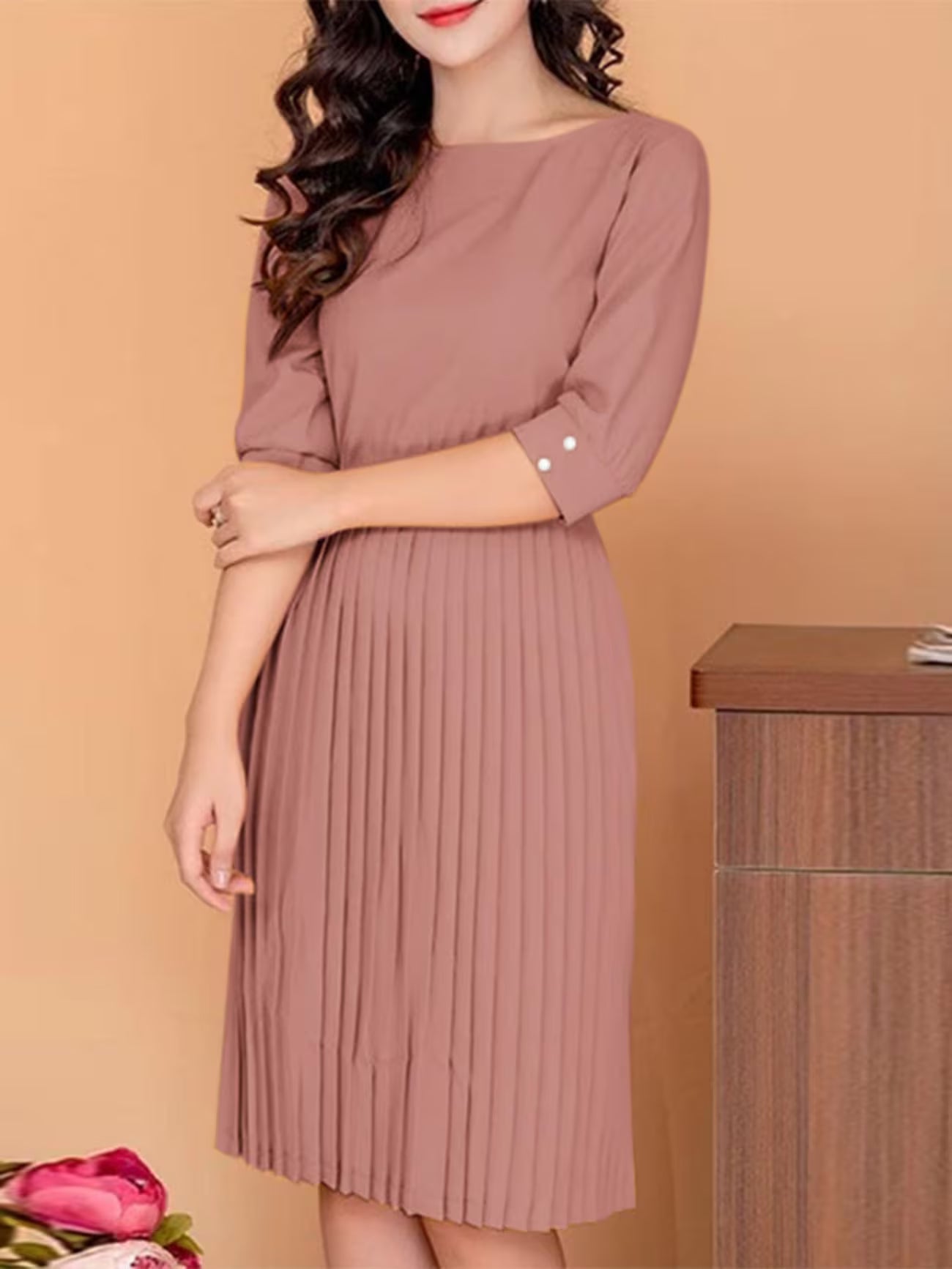 Elegant Korean Style Pleated A-Line Knee Length Dress