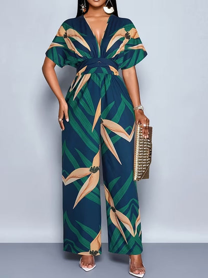 Modern Contrast Print V-Neck Jumpsuit with Elastic Waist & Belt