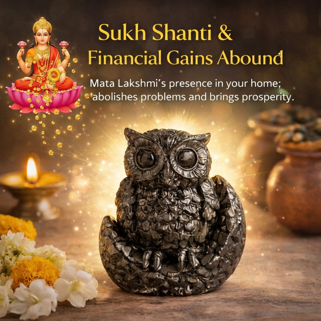 Siddh Mantra Pyrite Owl – Mata Lakshmi Vahan | Wealth, Protection & Prosperity Idol