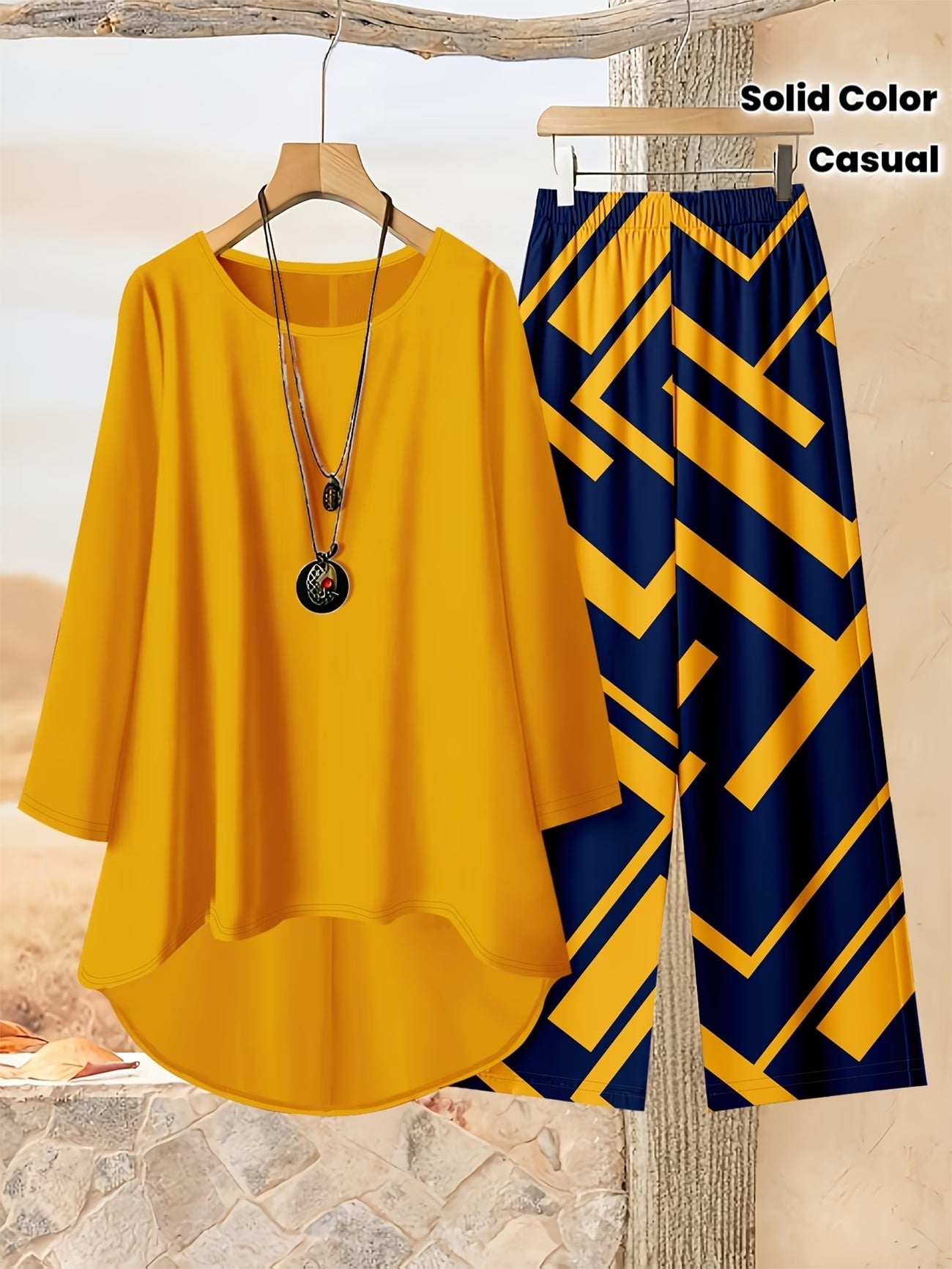 Plus Size Loose Net Top & Printed Pants Set – Stylish 2-Piece Casual Co-Ord Outfit
