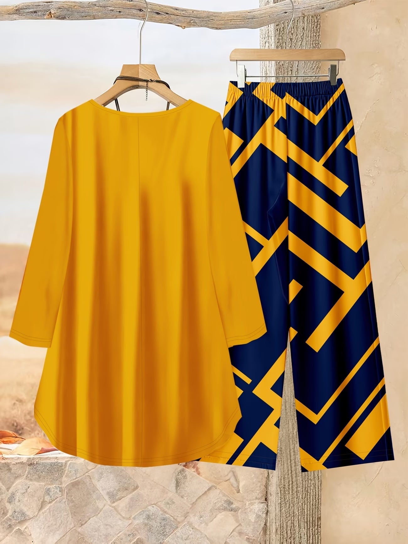 Plus Size Loose Net Top & Printed Pants Set – Stylish 2-Piece Casual Co-Ord Outfit