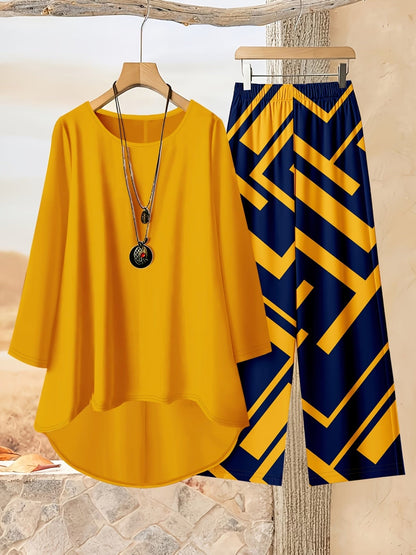 Plus Size Loose Net Top & Printed Pants Set – Stylish 2-Piece Casual Co-Ord Outfit