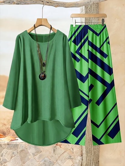 Plus Size Loose Net Top & Printed Pants Set – Stylish 2-Piece Casual Co-Ord Outfit
