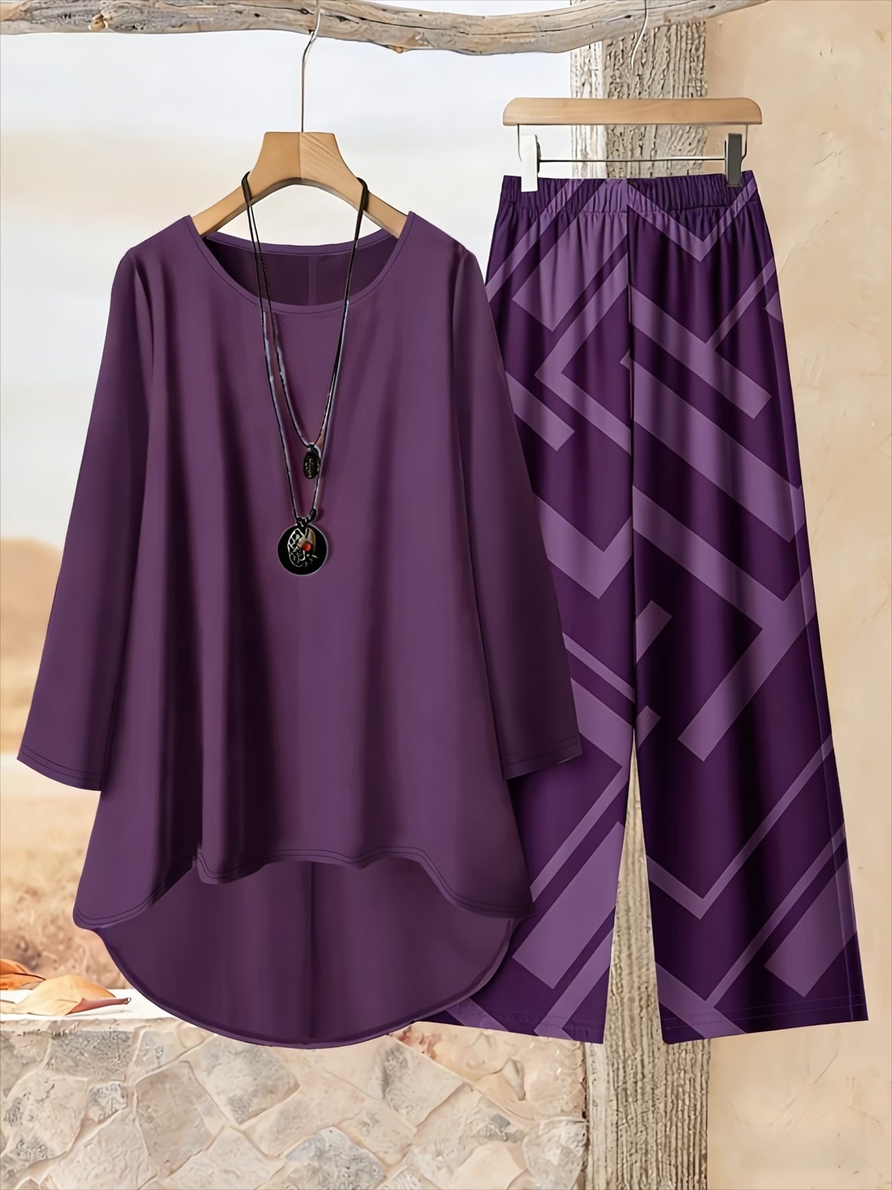 Plus Size Loose Net Top & Printed Pants Set – Stylish 2-Piece Casual Co-Ord Outfit