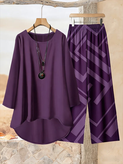Plus Size Loose Net Top & Printed Pants Set – Stylish 2-Piece Casual Co-Ord Outfit
