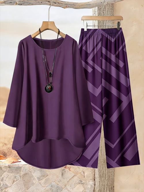 Plus Size Loose Net Top & Printed Pants Set – Stylish 2-Piece Casual Co-Ord Outfit