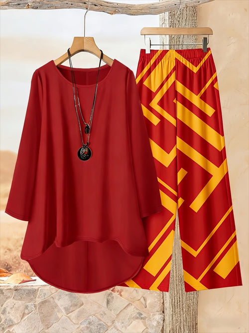 Plus Size Loose Net Top & Printed Pants Set – Stylish 2-Piece Casual Co-Ord Outfit