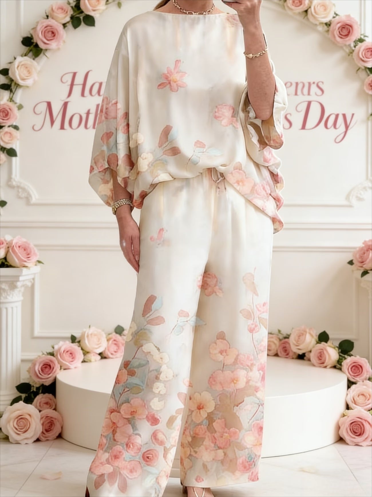 Plus Size Off-Shoulder Batwing Sleeve Co-Ord Set – Printed Loose 2-Piece Casual Pantsuit