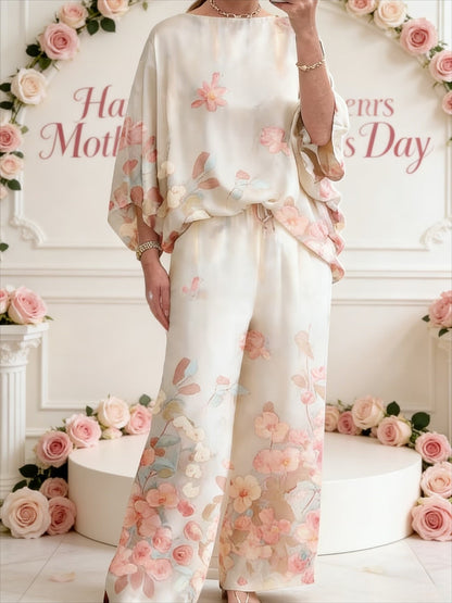 Plus Size Off-Shoulder Batwing Sleeve Co-Ord Set – Printed Loose 2-Piece Casual Pantsuit