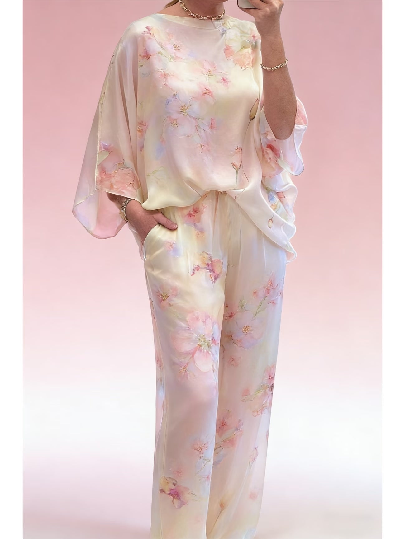 Plus Size Off-Shoulder Batwing Sleeve Co-Ord Set – Printed Loose 2-Piece Casual Pantsuit
