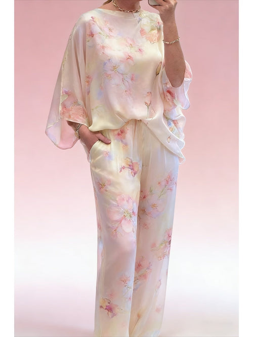 Plus Size Off-Shoulder Batwing Sleeve Co-Ord Set – Printed Loose 2-Piece Casual Pantsuit