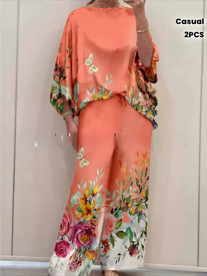 Plus Size Off-Shoulder Batwing Sleeve Co-Ord Set – Printed Loose 2-Piece Casual Pantsuit