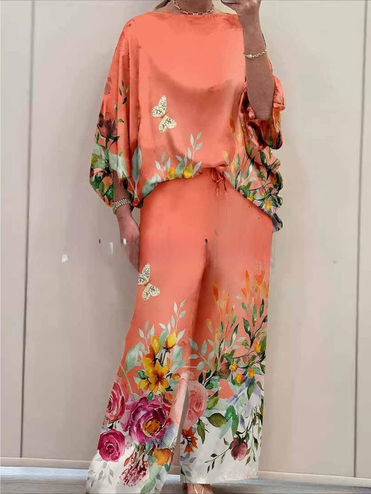 Plus Size Off-Shoulder Batwing Sleeve Co-Ord Set – Printed Loose 2-Piece Casual Pantsuit