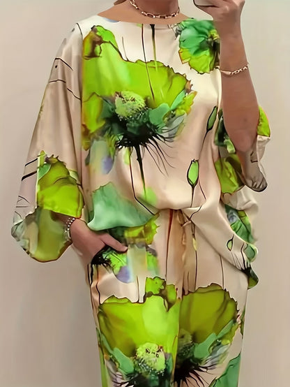 Plus Size Off-Shoulder Batwing Sleeve Co-Ord Set – Printed Loose 2-Piece Casual Pantsuit