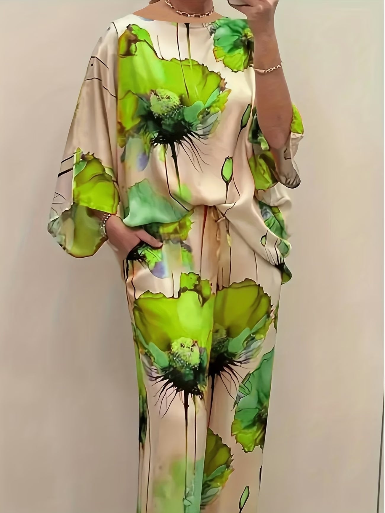 Plus Size Off-Shoulder Batwing Sleeve Co-Ord Set – Printed Loose 2-Piece Casual Pantsuit