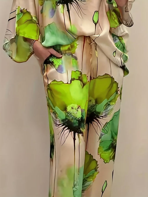 Plus Size Off-Shoulder Batwing Sleeve Co-Ord Set – Printed Loose 2-Piece Casual Pantsuit