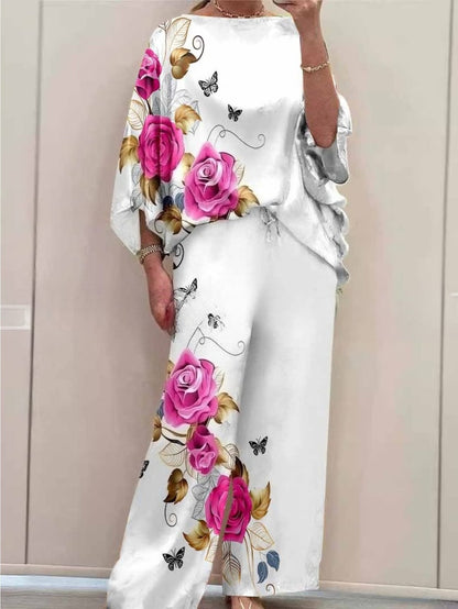 Plus Size Off-Shoulder Batwing Sleeve Co-Ord Set – Printed Loose 2-Piece Casual Pantsuit