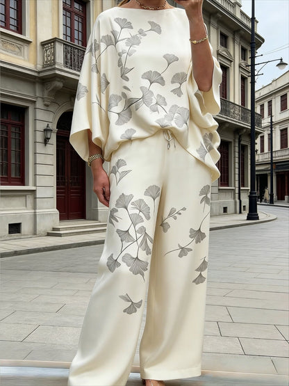 Plus Size Off-Shoulder Batwing Sleeve Co-Ord Set – Printed Loose 2-Piece Casual Pantsuit