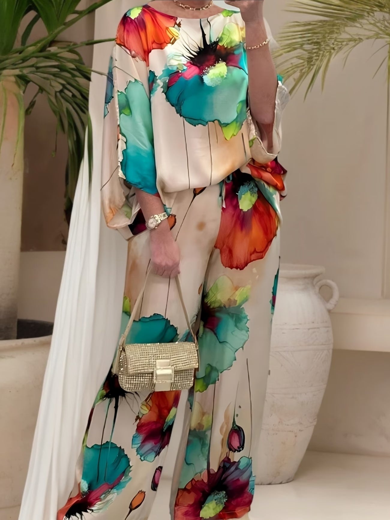 Plus Size Off-Shoulder Batwing Sleeve Co-Ord Set – Printed Loose 2-Piece Casual Pantsuit