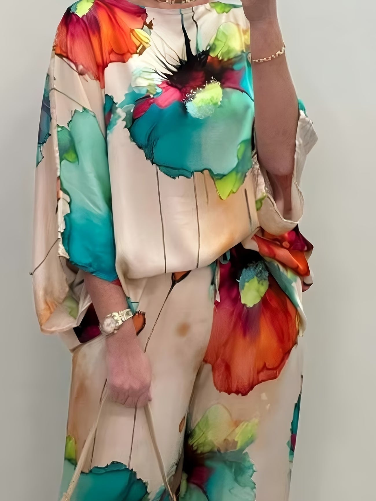 Plus Size Off-Shoulder Batwing Sleeve Co-Ord Set – Printed Loose 2-Piece Casual Pantsuit