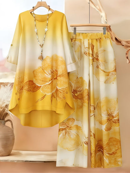 Women’s Asymmetrical Top & Printed Wide-Leg Pants Set