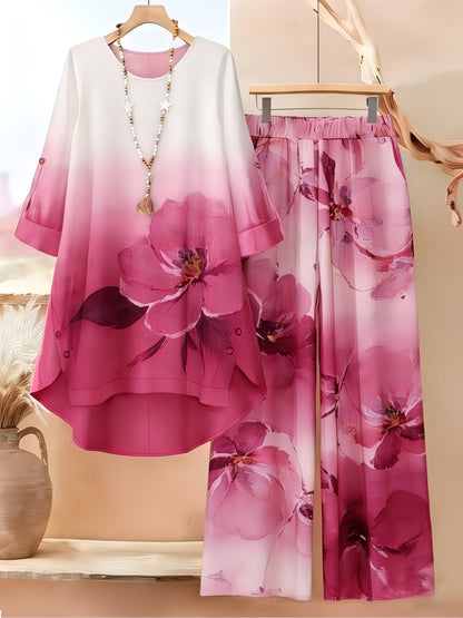 Women’s Asymmetrical Top & Printed Wide-Leg Pants Set