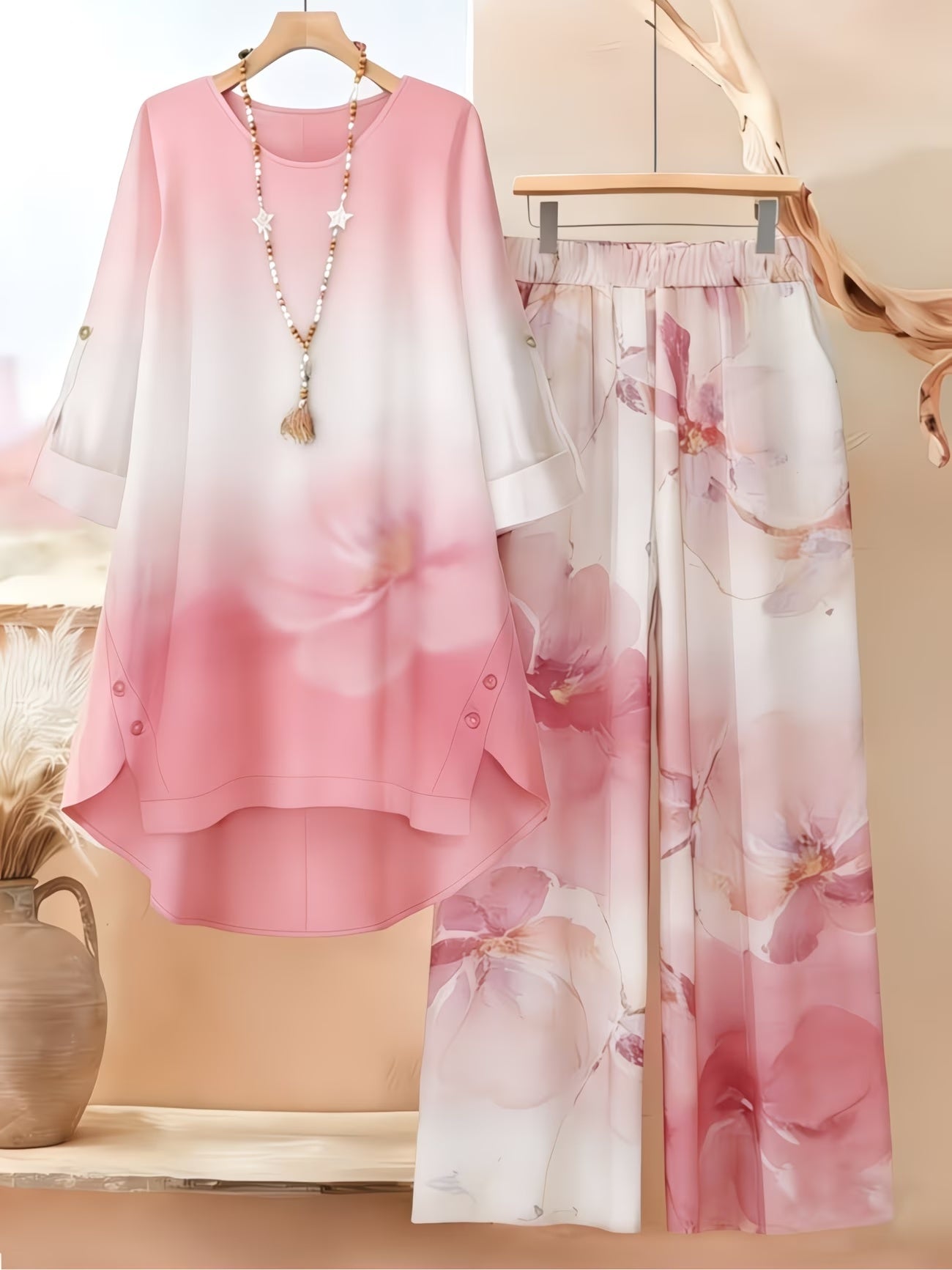 Women’s Asymmetrical Top & Printed Wide-Leg Pants Set