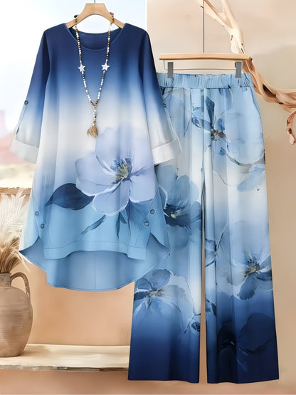 Women’s Asymmetrical Top & Printed Wide-Leg Pants Set