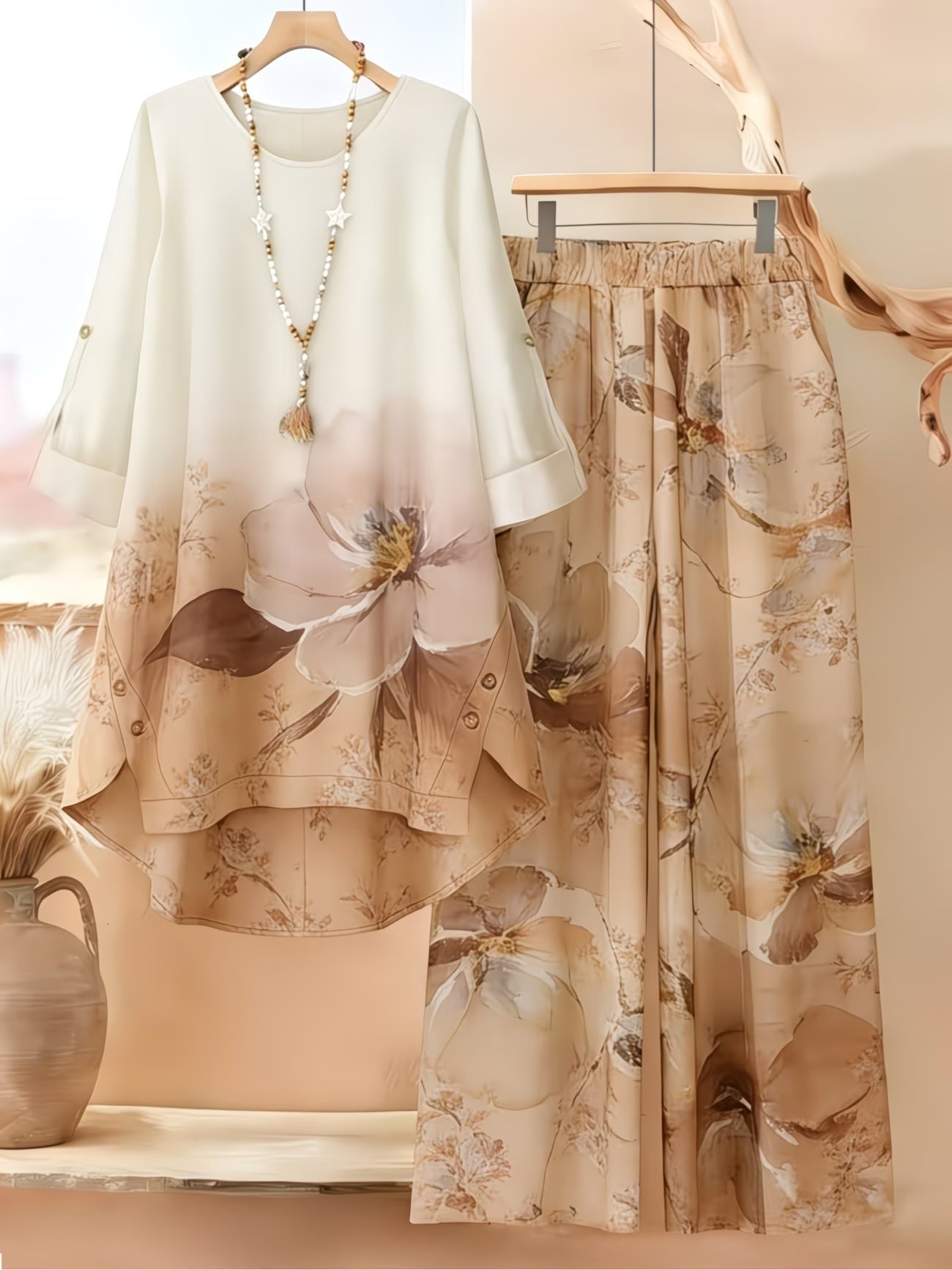Women’s Asymmetrical Top & Printed Wide-Leg Pants Set