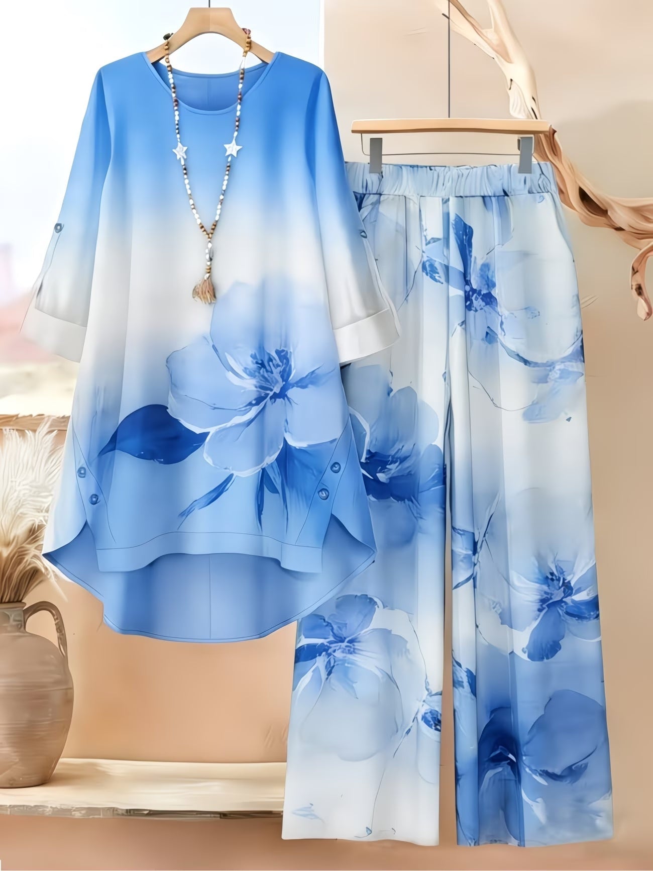Women’s Asymmetrical Top & Printed Wide-Leg Pants Set