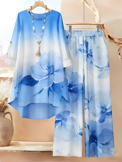 Women’s Asymmetrical Top & Printed Wide-Leg Pants Set