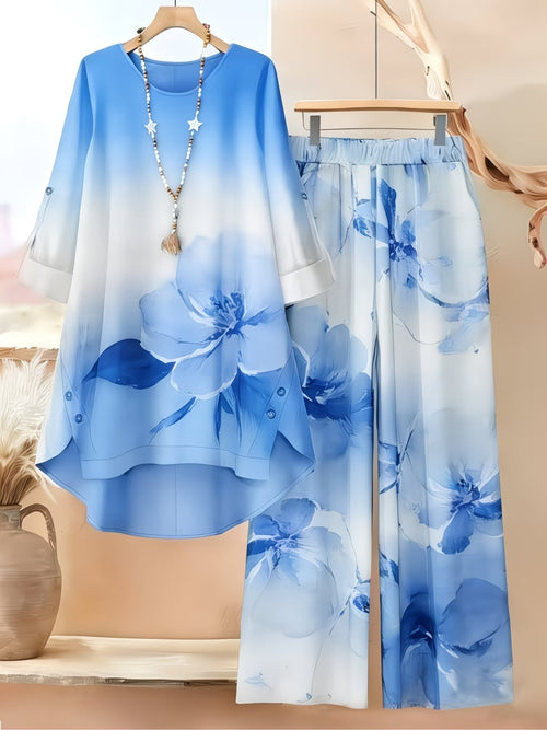 Women’s Asymmetrical Top & Printed Wide-Leg Pants Set