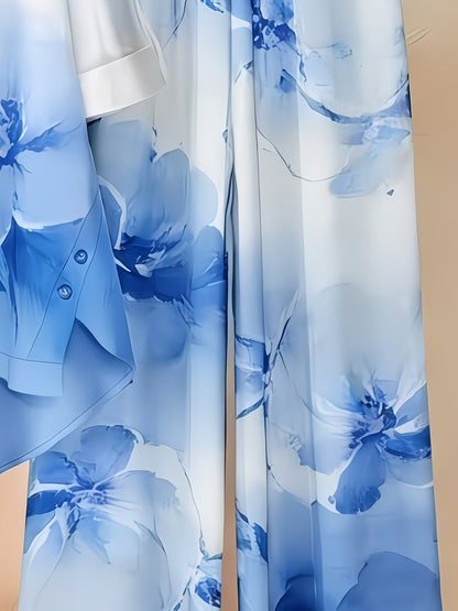 Women’s Asymmetrical Top & Printed Wide-Leg Pants Set