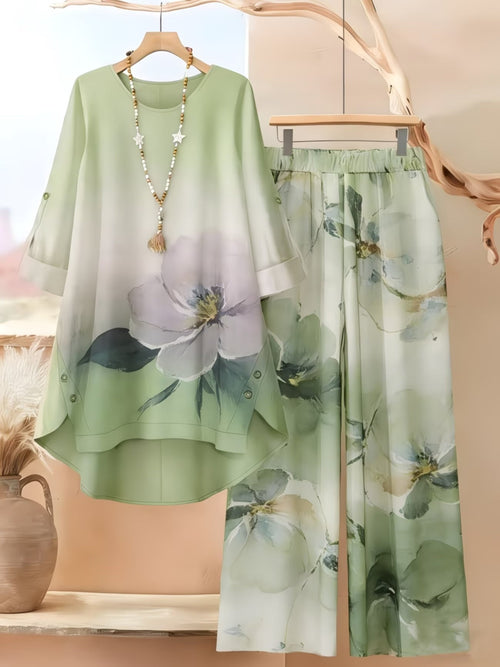 Women’s Asymmetrical Top & Printed Wide-Leg Pants Set