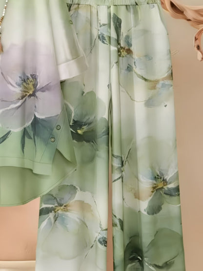 Women’s Asymmetrical Top & Printed Wide-Leg Pants Set