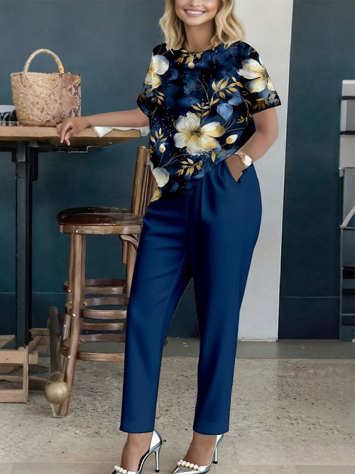 Women’s Floral Printed Co-Ord Set – Short Sleeve Top & Trouser 2-Piece Casual Outfit