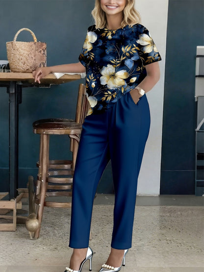 Women’s Floral Printed Co-Ord Set – Short Sleeve Top & Trouser 2-Piece Casual Outfit
